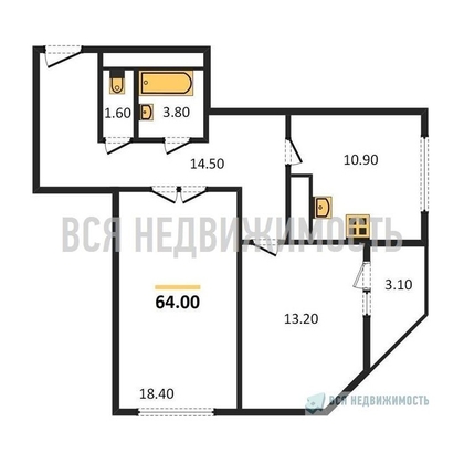 2-комнатная квартира, 64кв.м - изображение