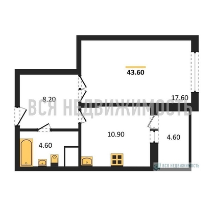 1-комнатная квартира, 43.6кв.м - изображение