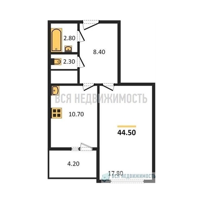1-комнатная квартира, 44.5кв.м - изображение