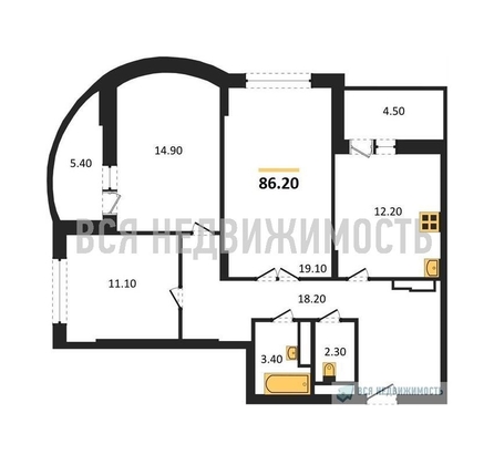 3-комнатная квартира, 86.2кв.м - изображение