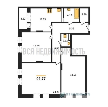 3-комнатная квартира, 92.77кв.м - изображение