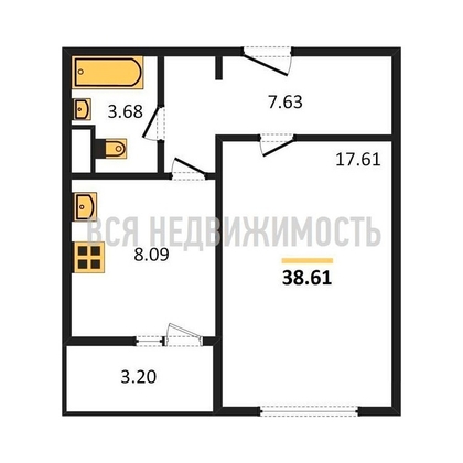 1-комнатная квартира, 37.9кв.м - изображение