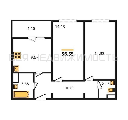 2-комнатная квартира, 56.1кв.м - изображение