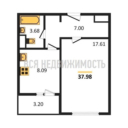 1-комнатная квартира, 37.3кв.м - изображение