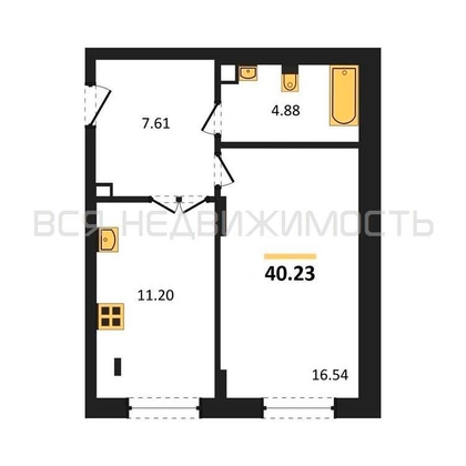 1-комнатная квартира, 41.3кв.м - изображение