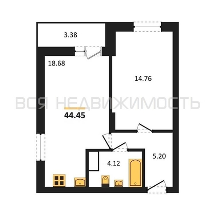 1-комнатная квартира, 44.45кв.м - изображение