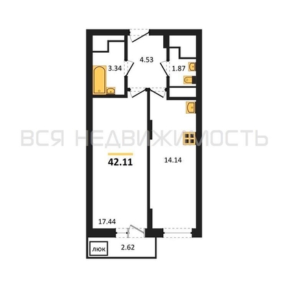 1-комнатная квартира, 42.11кв.м - изображение