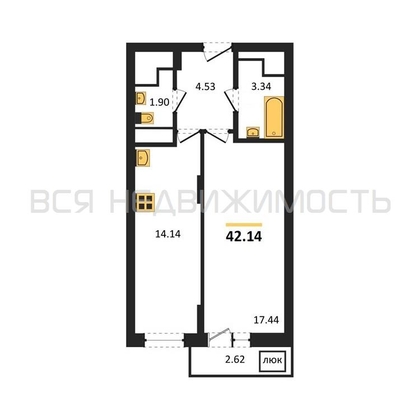 1-комнатная квартира, 42.14кв.м - изображение