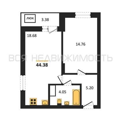 1-комнатная квартира, 44.38кв.м - изображение