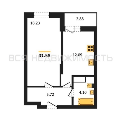 1-комнатная квартира, 41.58кв.м - изображение