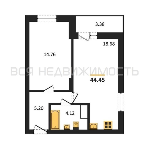 1-комнатная квартира, 44.45кв.м - изображение 0