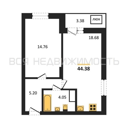 1-комнатная квартира, 44.38кв.м - изображение