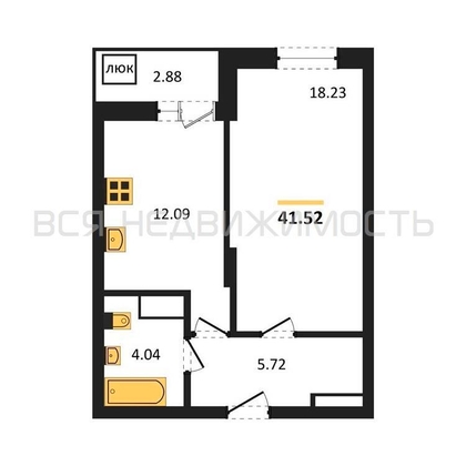 1-комнатная квартира, 41.52кв.м - изображение