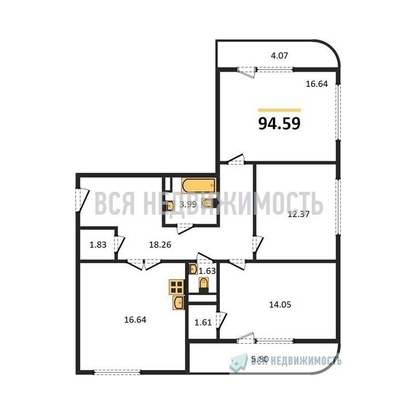 3-комнатная квартира, 94.59кв.м - изображение