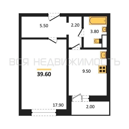 1-комнатная квартира, 39.6кв.м - изображение
