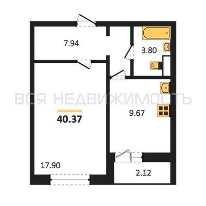1-комнатная квартира, 40.37кв.м - изображение