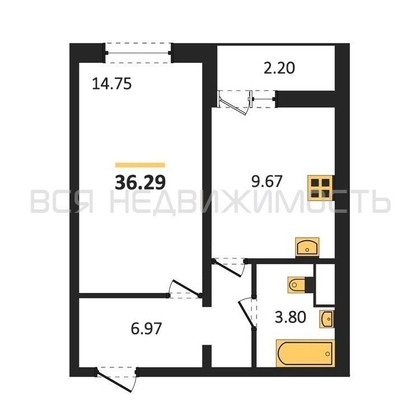 1-комнатная квартира, 36.29кв.м - изображение