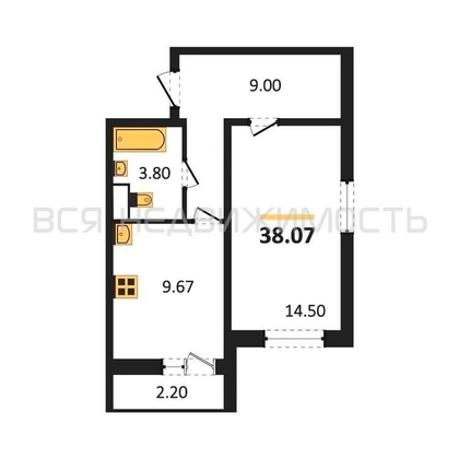 1-комнатная квартира, 38.07кв.м - изображение