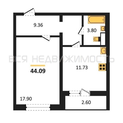 1-комнатная квартира, 44.09кв.м - изображение