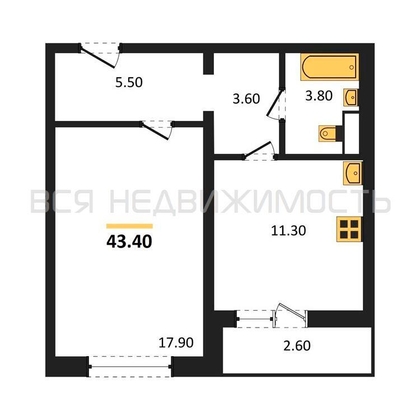 1-комнатная квартира, 43.4кв.м - изображение