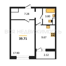1-комнатная квартира, 39.71кв.м - изображение 1