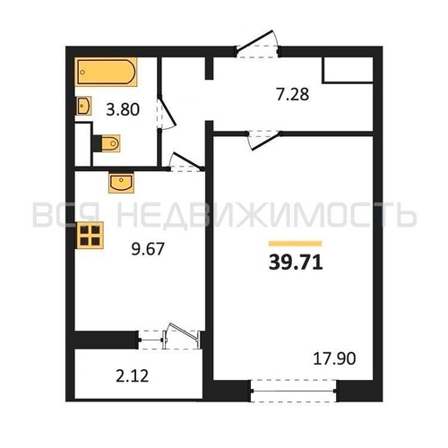 1-комнатная квартира, 39.71кв.м - изображение 0