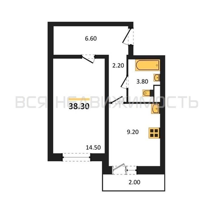 1-комнатная квартира, 38.3кв.м - изображение