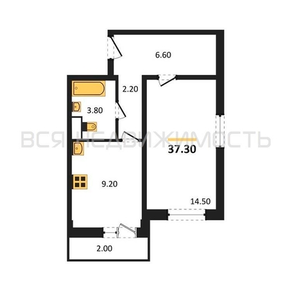 1-комнатная квартира, 37.3кв.м - изображение