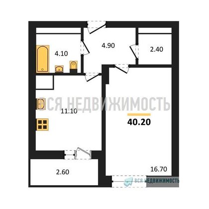 1-комнатная квартира, 40.2кв.м - изображение