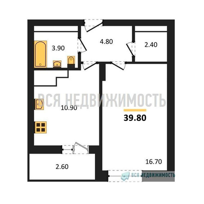 1-комнатная квартира, 39.8кв.м - изображение