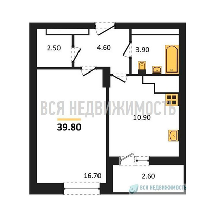 1-комнатная квартира, 39.8кв.м - изображение