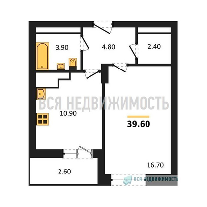 1-комнатная квартира, 39.6кв.м - изображение