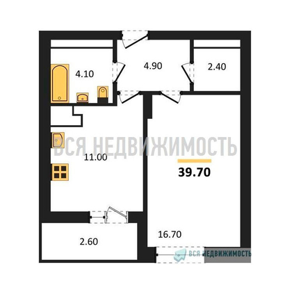 1-комнатная квартира, 39.7кв.м - изображение