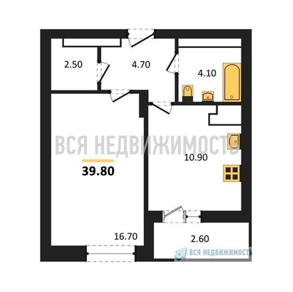 1-комнатная квартира, 39.8кв.м - изображение