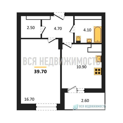 1-комнатная квартира, 39.7кв.м - изображение