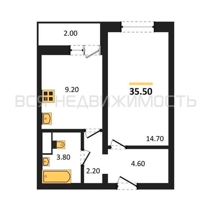 1-комнатная квартира, 35.5кв.м - изображение