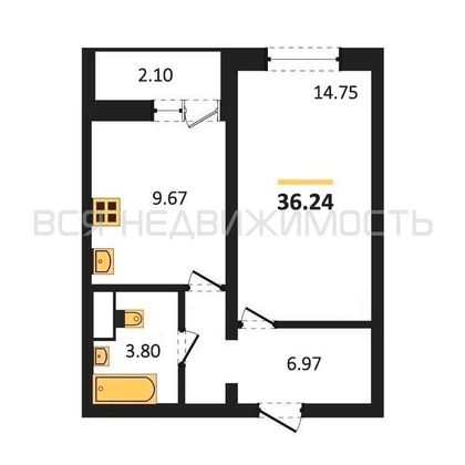 1-комнатная квартира, 36.24кв.м - изображение