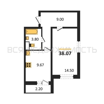 1-комнатная квартира, 38.07кв.м - изображение