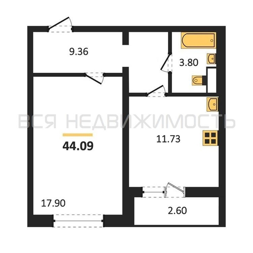 1-комнатная квартира, 44.09кв.м - изображение 0