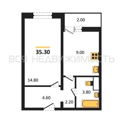 1-комнатная квартира, 35.3кв.м - изображение