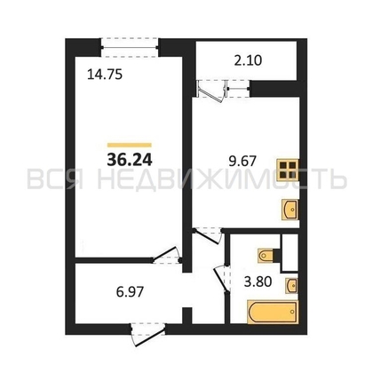 1-комнатная квартира, 36.24кв.м - изображение