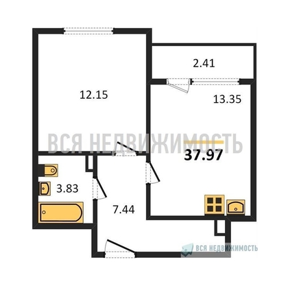1-комнатная квартира, 37.97кв.м - изображение