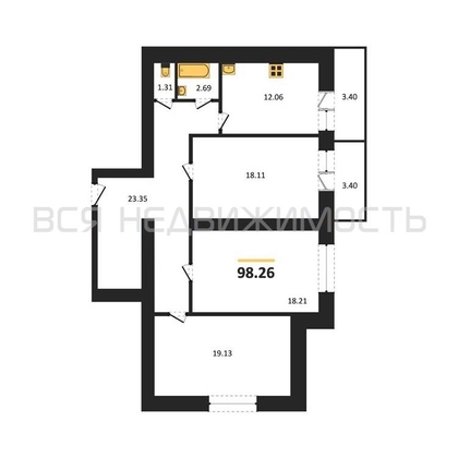 3-комнатная квартира, 99.6кв.м - изображение