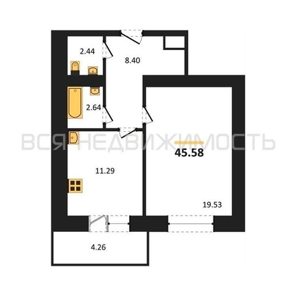 1-комнатная квартира, 45.5кв.м - изображение