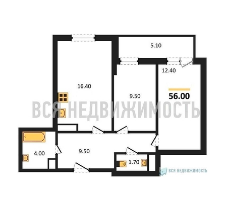 2-комнатная квартира, 56кв.м - изображение