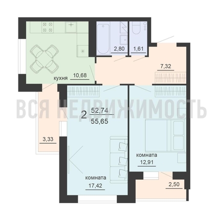2-комнатная квартира, 55.65кв.м - изображение