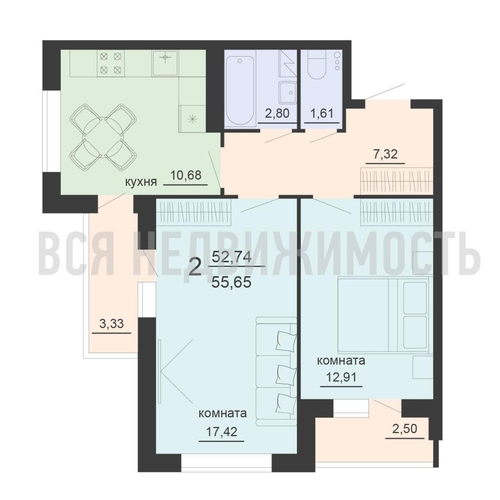 2-комнатная квартира, 55.65кв.м - изображение 0