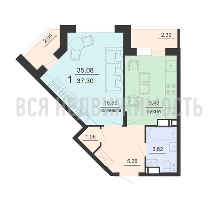 1-комнатная квартира, 37.3кв.м - изображение