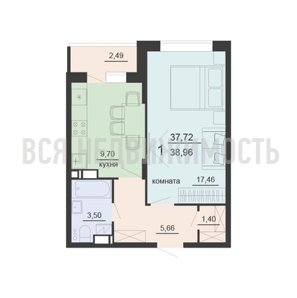 1-комнатная квартира, 38.96кв.м - изображение