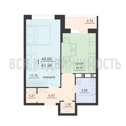 1-комнатная квартира, 41.36кв.м - изображение
